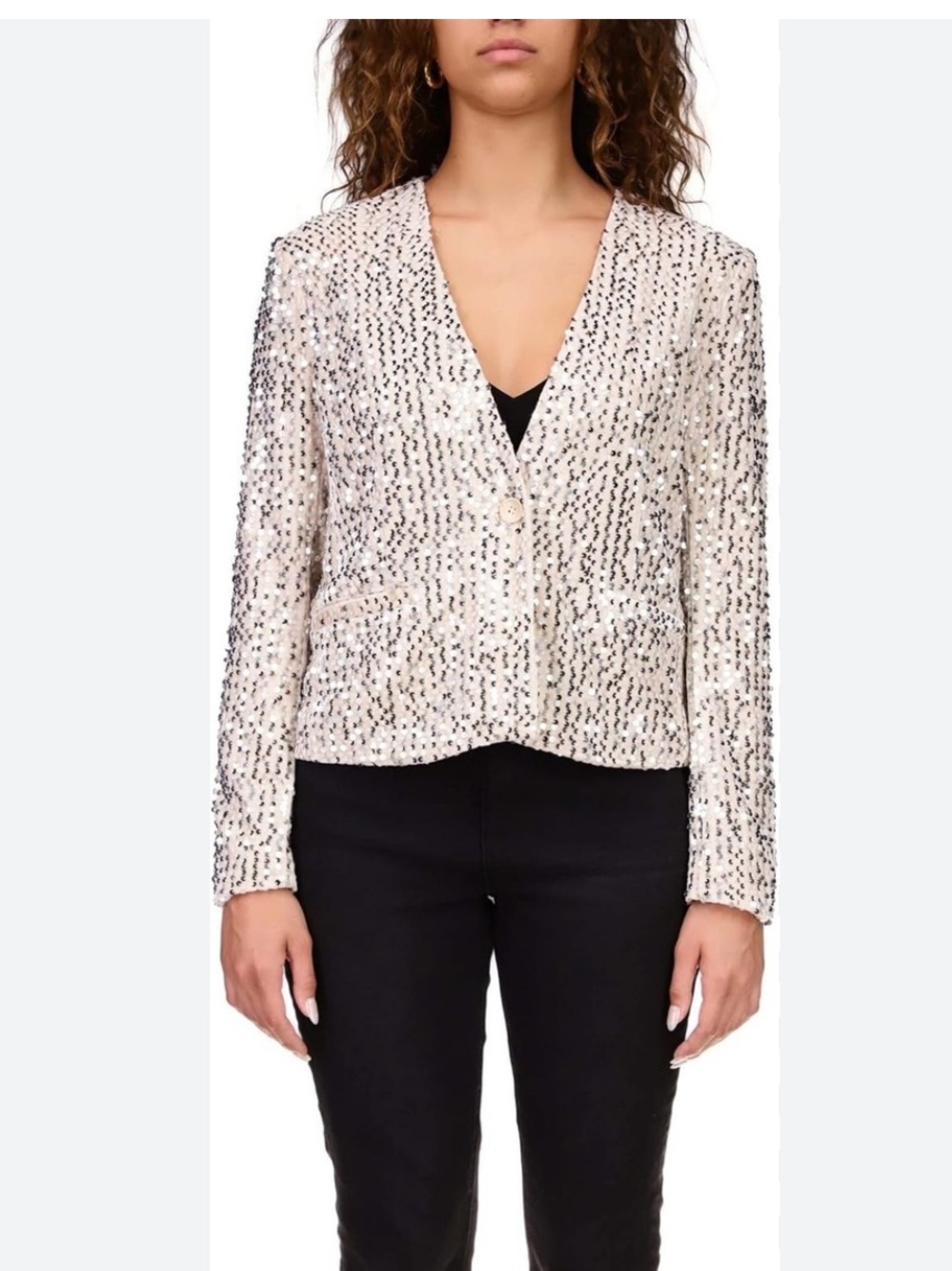 Sanctuary Sequin Open-Front Blazer in Ivory and Silver